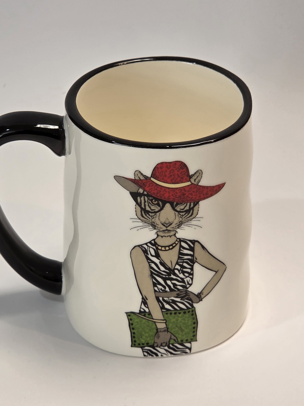 Signature White Ceramic Mug with Black Trim and Red Hat